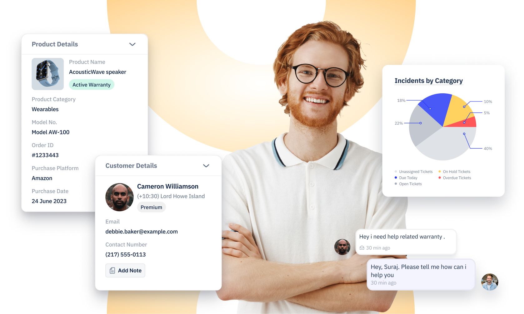 Smiling support agent showcases warranty claims management with customer details and incident analytics