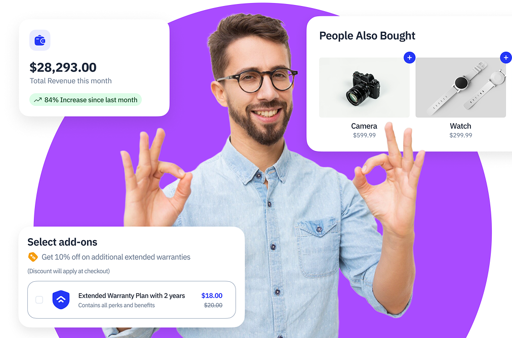 Customer highlights extended warranty add-ons with revenue insights and recommended product offers