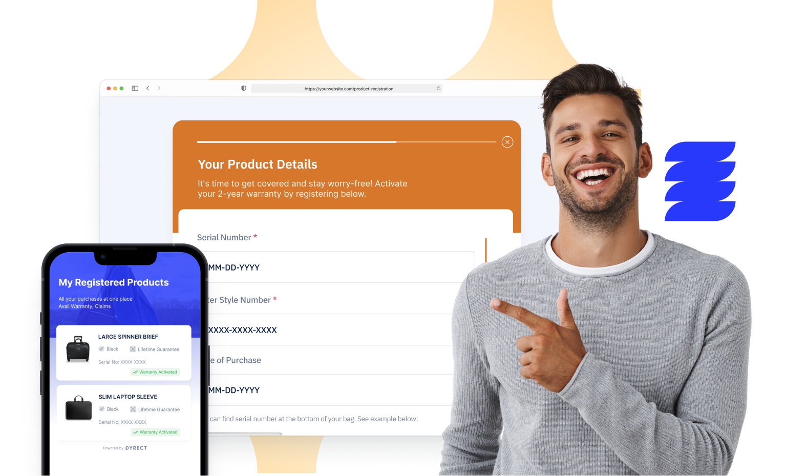 Smiling customer highlights product registration software with warranty activation across mobile and desktop